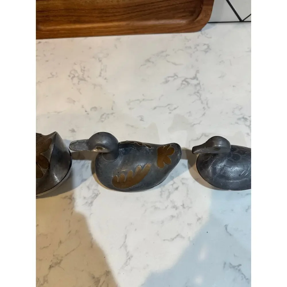 vintage pewter brass duck trinket boxes made in Hong Kong cabin rustic MCM
